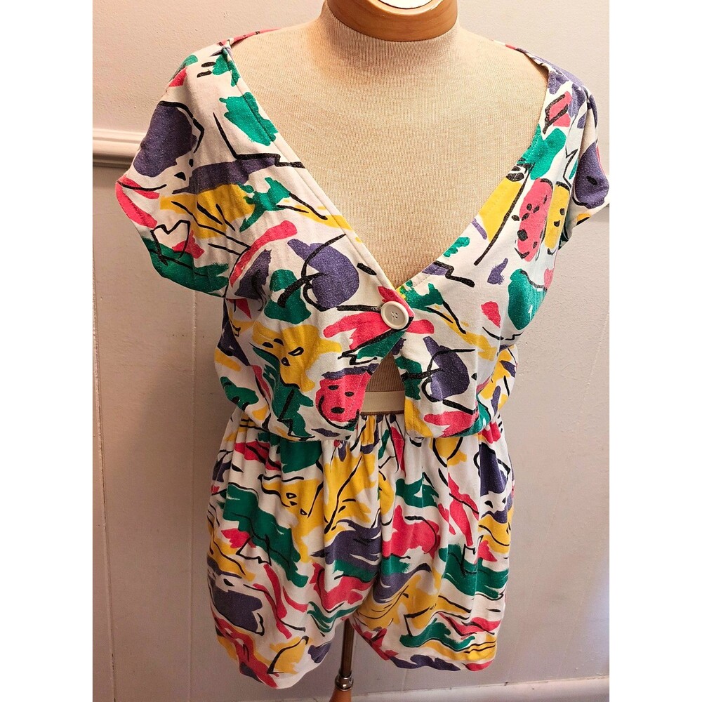 Abstract 80s 90s Print V-Neck Button Front Romper with cutout Multicolor 12